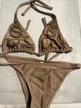 Neutral Brown Triangle Bikini Set with Beaded Ring Details